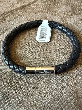 Skultuna Black Braided Leather Bracelet with Polished Steel Clasp